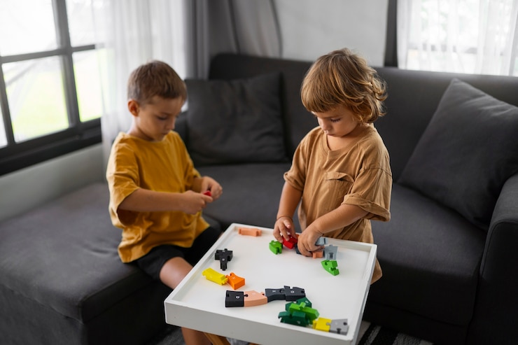 Photo gratuit enfants à angle élevé jouant ensemble