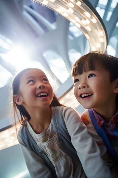 Enfants dans une salle de classe futuriste