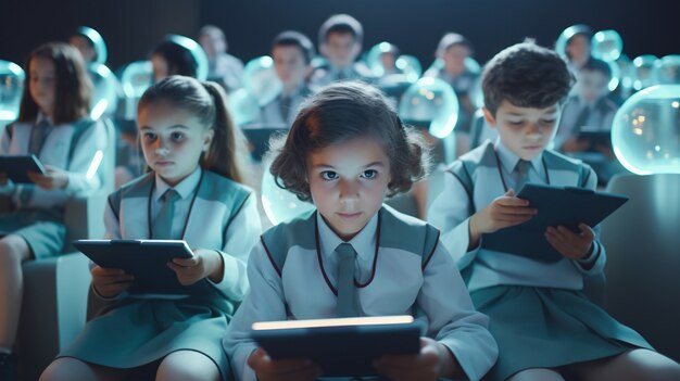 Enfants dans une salle de classe futuriste