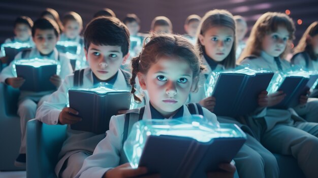 Enfants dans une salle de classe futuriste