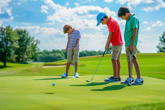 Des enfants jouant au golf dans un environnement photoréaliste