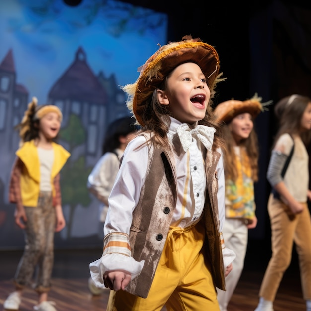 Photo gratuite des enfants jouent une pièce sur scène pour la journée du théâtre de mots.