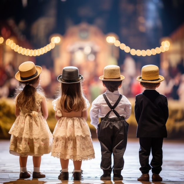 Photo gratuite des enfants jouent une pièce sur scène pour la journée du théâtre de mots.