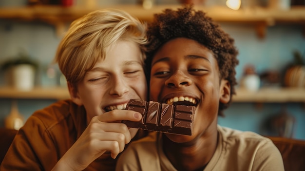 Photo gratuite des enfants de taille moyenne avec un délicieux chocolat.