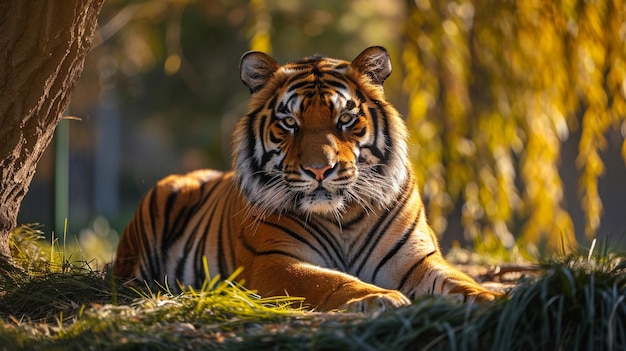 Photo gratuite l'énorme et puissant tigre du bengale sa fourrure dorée scintillante à la lumière du soleil tachetée