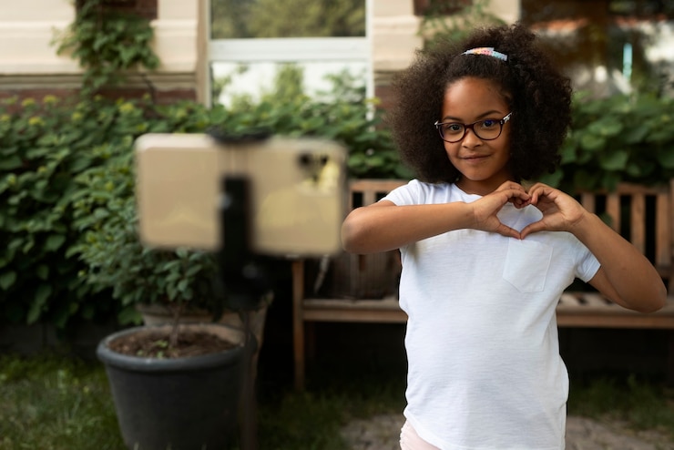 Photo gratuit enregistrement d'une fille souriante avec un smartphone