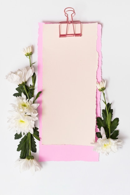 Photo gratuite ensemble de fleurs près de papiers avec clip