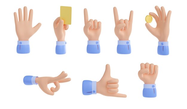 Ensemble de gestes de la main de rendu 3D isolé sur blanc