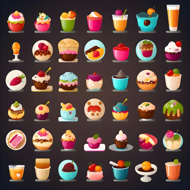 Photo gratuite ensemble d'icônes de cupcakes colorés isolés sur un fond noir illustration vectorielle