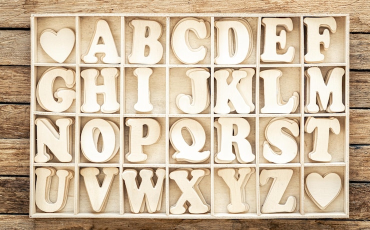 Photo gratuit un ensemble de lettres en bois dans une boîte en bois vue supérieure