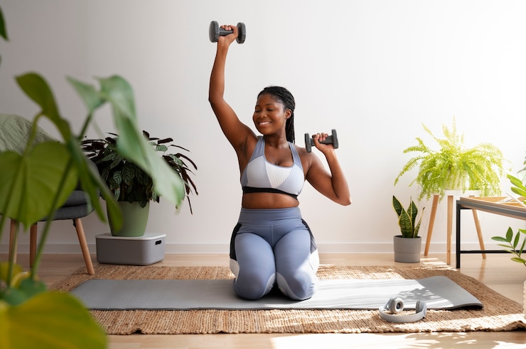 Photo gratuit entraînement de femme plein coup avec des haltères