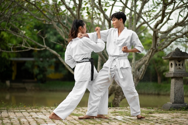 Photo gratuite entraînement de taekwondo se déroulant à l'extérieur dans la nature avec deux personnes