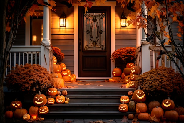 Photo gratuite entrée d'une maison décorée de citrouilles pour thanksgiving