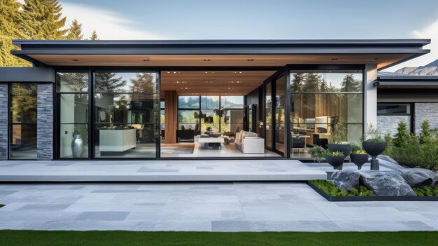 Une entrée de maison esthétique avec de grandes portes coulissantes en verre et un grand espace de copie