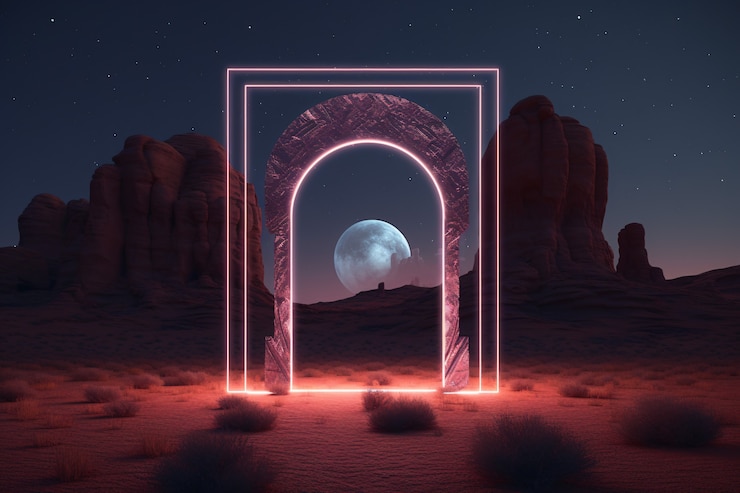 Photo gratuit entrée ou porte de style fantastique avec un paysage désertique.