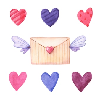Enveloppe aquarelle avec ailes et coeurs rouges, roses, violets, violets. illustration à l'aquarelle pour la saint-valentin. carte avec lettre d'amour.