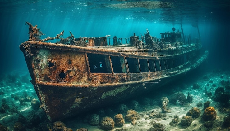 Photo gratuit épave rouillée sur la vie marine des récifs coralliens abondante générée par l'ia