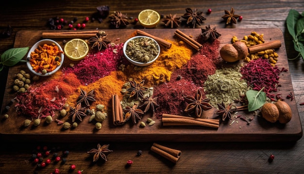 Photo gratuite des épices et des herbes dans un bol en bois ornent la table générée par l'ia