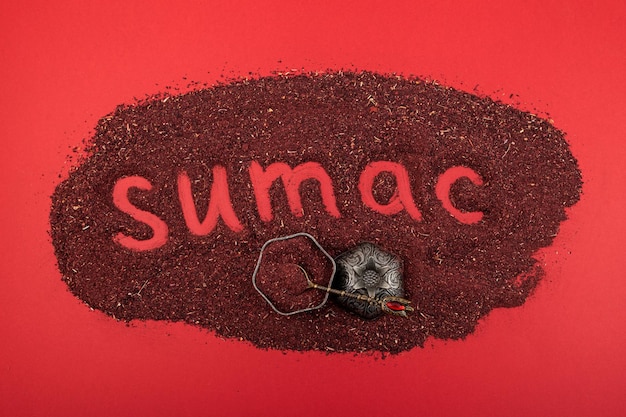 Épices de sumac dans un bol en métal vue de dessus inscription sumac d'épices en poudre rouge séchées et moulues