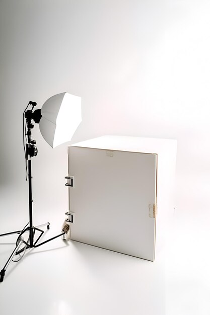 Photo gratuite Équipement de studio photo sur fond blanc flash et lampe de boîte à lumière