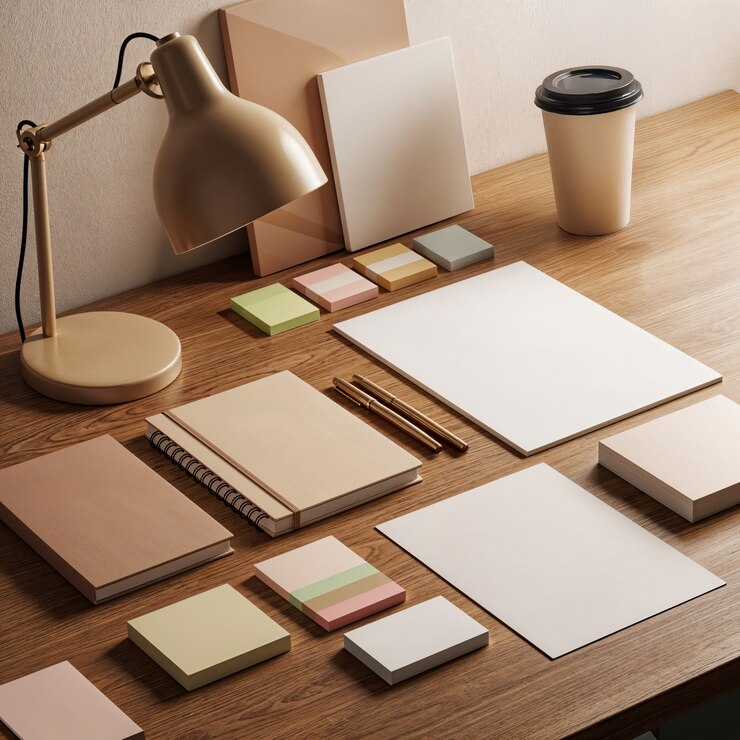 Photo gratuit espace de travail de bureau avec une lampe de bureau, un bloc-notes, des stylos et une tasse de café