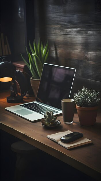 Espace de travail avec ordinateur portable, smartphone et tasse de café sur une table en bois