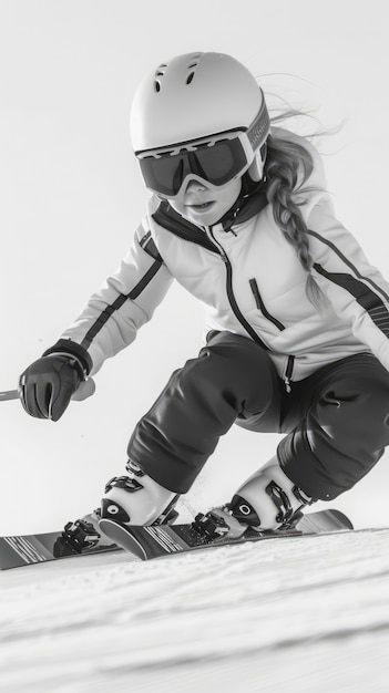 Photo gratuite c'est un enfant qui fait du ski monochrome.