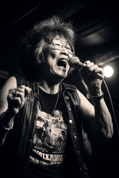 Photo gratuite c'est une grand-mère rebelle qui chante.