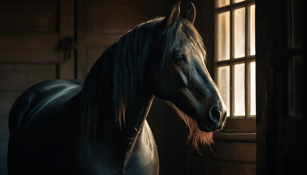 Photo gratuite un étalon majestueux broute dans un pré rural à l'extérieur généré par l'ia