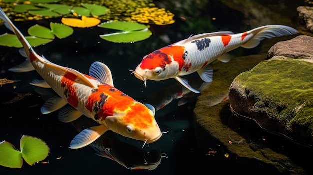 Photo gratuite un étang de jardin serein avec des poissons koi colorés qui nagent