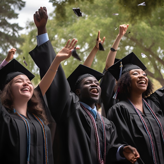 Photo gratuite des étudiants afro-américains heureux dans des robes de graduation avec les mains levées