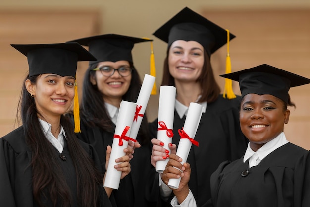 Photo gratuite Étudiants diplômés portant une casquette et une robe