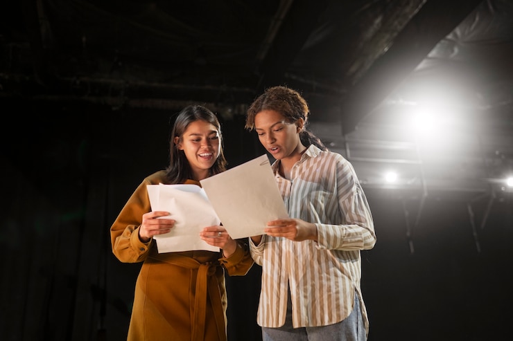 Photo gratuit des étudiants se préparent pour le cours de théâtre.