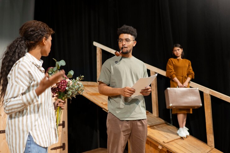 Photo gratuit des étudiants se préparent pour le cours de théâtre.