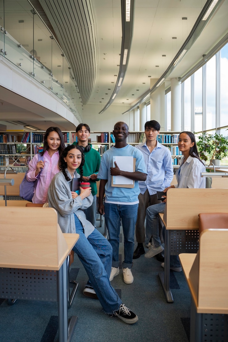 Photo gratuit étudiants souriants à la bibliothèque