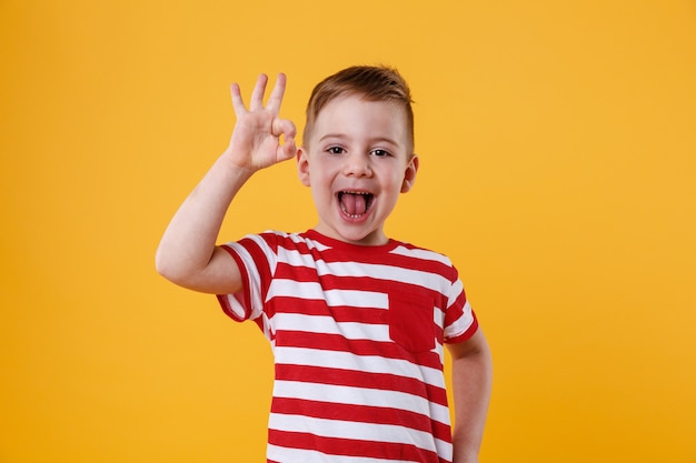 Excité petit garçon debout et montrant un geste correct