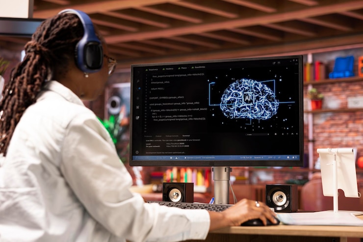 Photo gratuit un expert en support technique portant des écouteurs effectuant un contrôle sur les systèmes d'intelligence artificielle