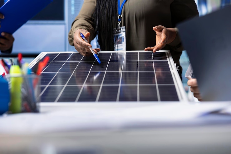 Photo gratuit un expert d'une usine photovoltaïque examine de près la conception des panneaux solaires