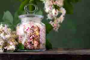 Photo gratuite extrait de fleurs de châtaignier tincture de fleurs d'aubergine dans un pot