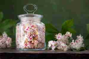 Photo gratuite extrait de fleurs de châtaignier tincture de fleurs d'aubergine dans un pot