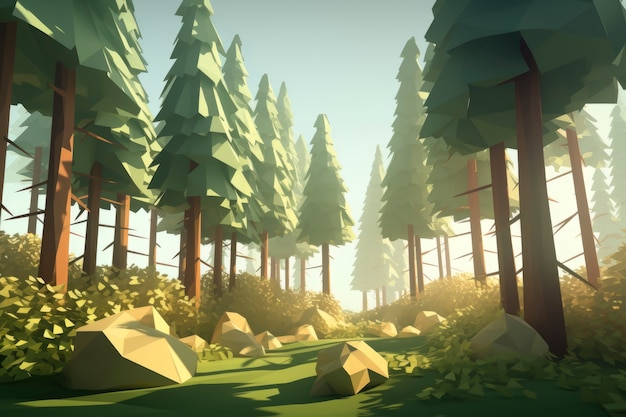 Faible angle de forêt 3d avec arbres et rochers