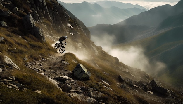 Faire du vélo à travers un terrain montagneux en explorant des paysages naturels générés par l'IA