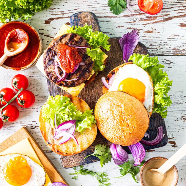 Faire un hamburger maison. ingrédients pour cuisiner sur une table en bois. Vue de dessus.