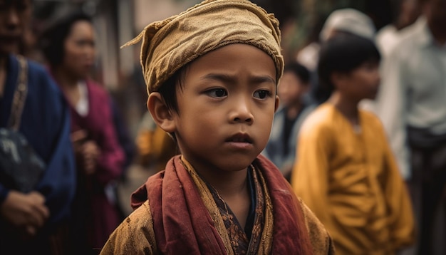 Photo gratuite famille autochtone en costume traditionnel souriant à l'extérieur générée par l'ia