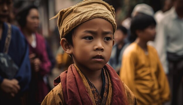 Famille autochtone en costume traditionnel souriant à l'extérieur générée par l'IA