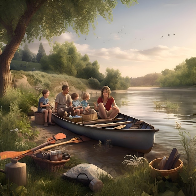 Photo gratuite famille sur un bateau sur la rivière au coucher du soleil rendu 3d