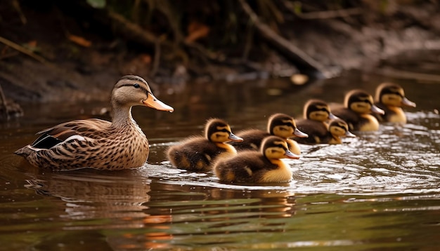 Une famille de canards et d'oies charlatans profite d'un étang d'été généré par l'IA