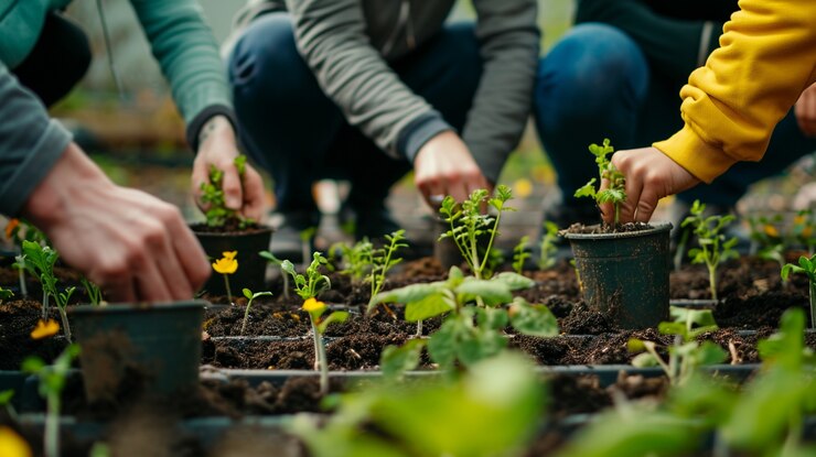 Photo gratuit une famille dans le jardin plantant des légumes ensemble