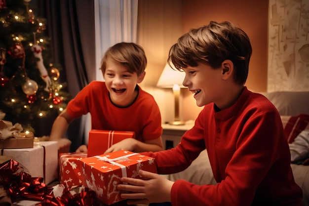 Une famille fête Noël à la maison.