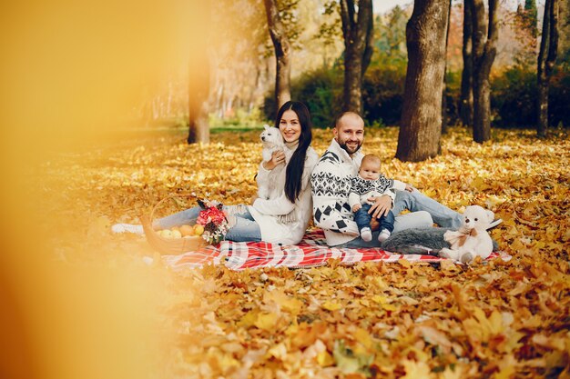 Famille avec fils dans un parc en automne